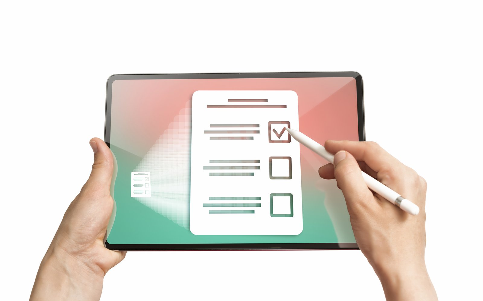 Woman selects the right answer in questionnaire on her digital tablet. Concept of online testing, questionnaires, voting. Isolated on white