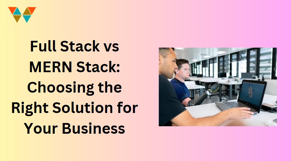 Two individuals discussing Full Stack and MERN Stack solutions in an office setting.