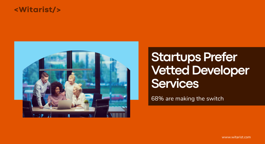 Graphic showing a group of people collaborating around a laptop with text about startups preferring vetted developer services.